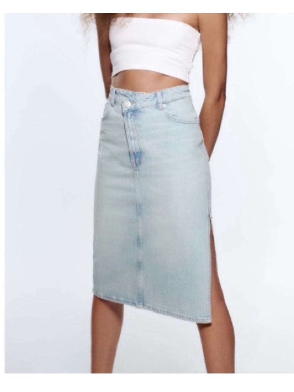 Zara Light Blue Denim Midi Skirt with Side Slit